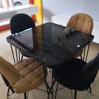 Siyah Mermer Desenli Balkon Cafe Mutfak Yemek Masası 75X75 cm Metal Ayaklı Masa