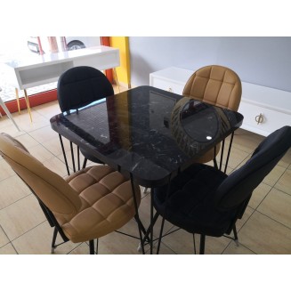 Siyah Mermer Desenli Balkon Cafe Mutfak Yemek Masası 75X75 cm Metal Ayaklı Masa