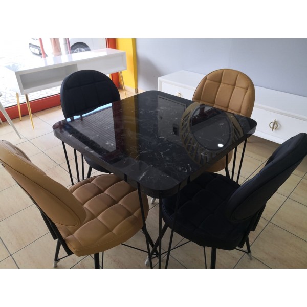 Siyah Mermer Desenli Balkon Cafe Mutfak Yemek Masası 75X75 cm Metal Ayaklı Masa | Yemek Masaları | İnegöl Mobilya 